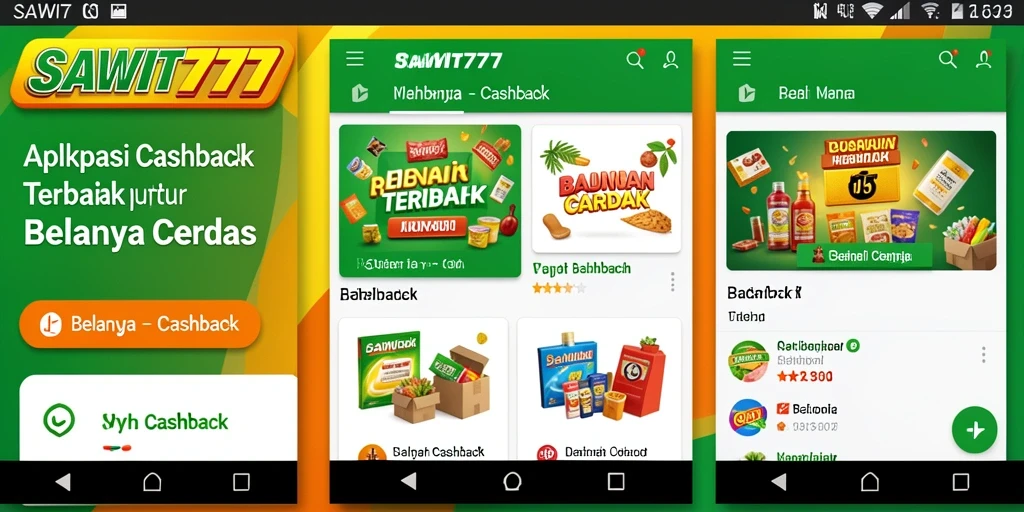 Antarmuka aplikasi SAWIT777 menampilkan berbagai penawaran Cashback menarik.